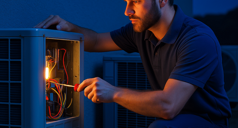 HVAC technician repairing air conditioning unit at night in Hialeah — professional AC repair service by LN Homes Enterprise.