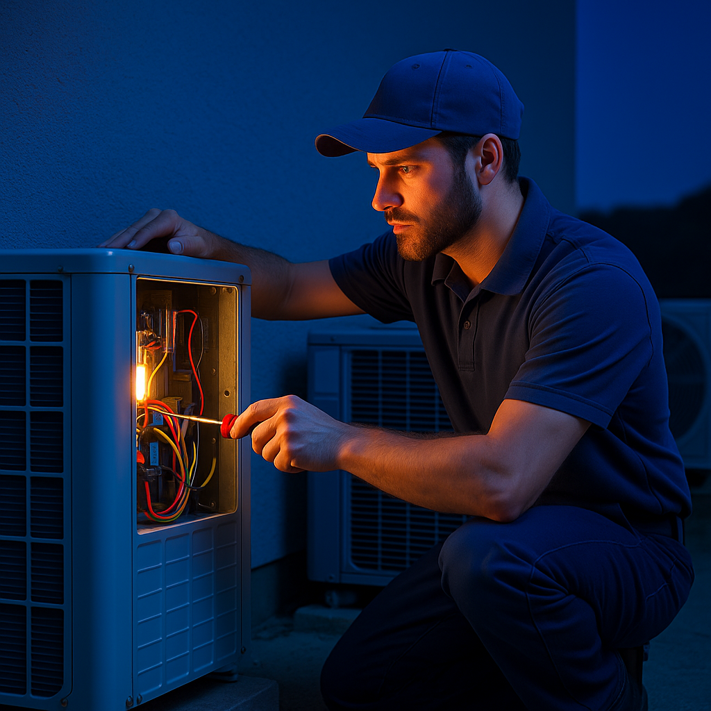 HVAC technician repairing air conditioning unit at night in Hialeah — professional AC repair service by LN Homes Enterprise.